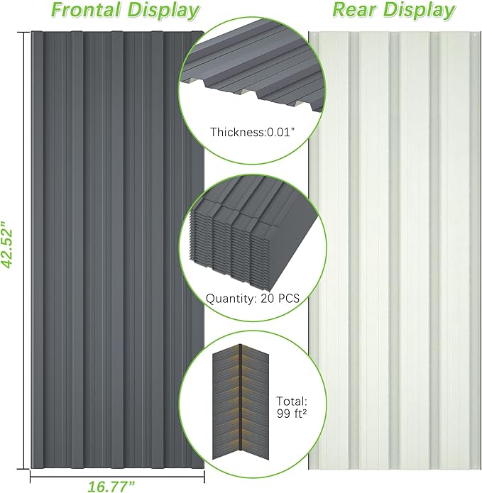 Metal Roof Panels 20 pcs 99 ft² Gray Galvanized Steel Panels Metal Corrugated Tin Roofing Panels Gazebo Top Cover Heavy Duty Gray Roof Suitable for Garages,Sheds, Stables and Mobile Homes
