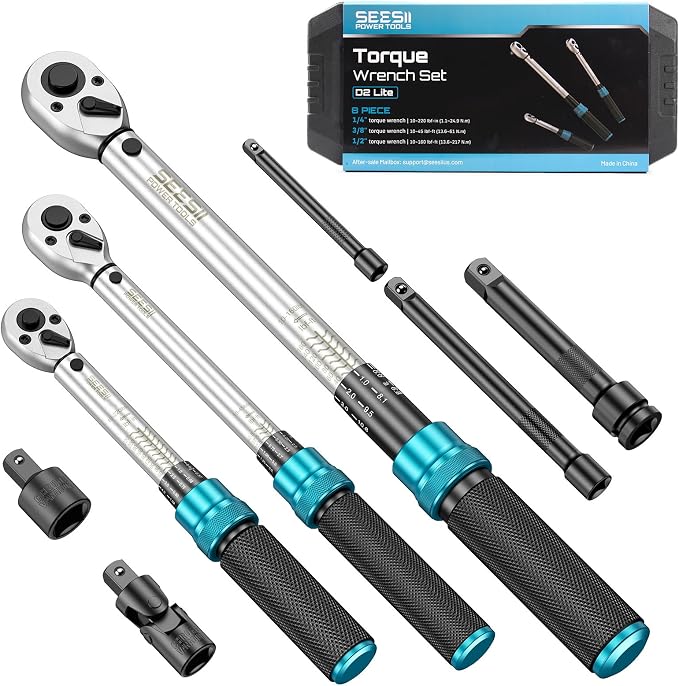 Seesii Torque Wrench Set 1/4" 3/8" 1/2" Drive | ±3% Accuracy, Click Type Torque Wrench Kit with Adapters for Car, Motorcycle, Bike Repair