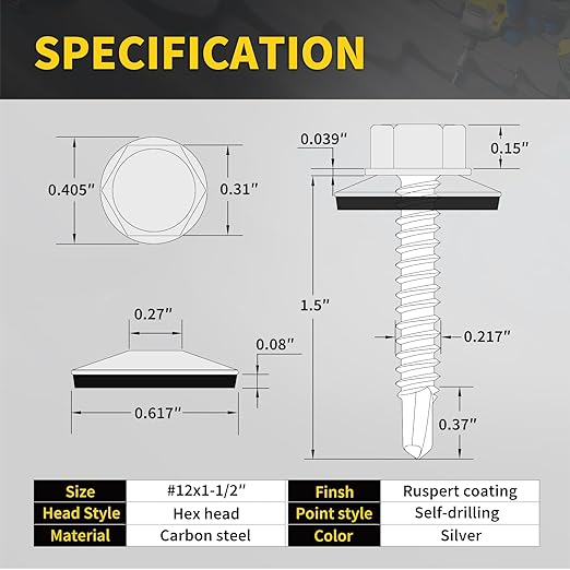 Metal Roofing Screws #12 x 1-1/2", 300 PCS, FIXLINK RUSPERT Hex Head Rubber Washer Sheet Metal Roof Screws Self Drilling Metal to Wood Siding Screws, Hex Socket Included, Silver