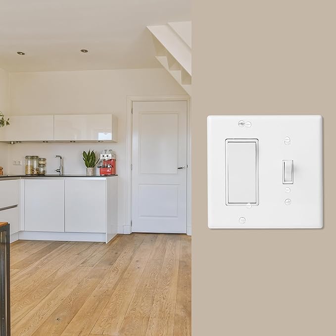 Bates- Combination Wall Plate, Toggle Switch/Decorator, White, 4.88"x4.90"/Mid-Size, 2 Gang Wall Plate