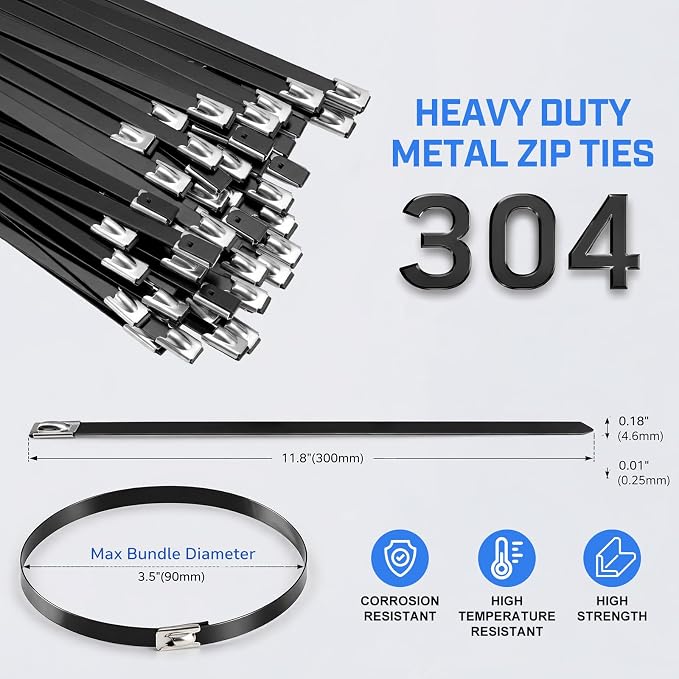 Heavy Duty Metal Zip Ties 100 Pack - 11.8 Inch 304 Stainless Steel Black Cable Ties with 200 LBS Tensile Strength, Multi-Purpose Wire Ties for Exhaust Wrap, Fence, Canopy, Pipes, Outdoor Use