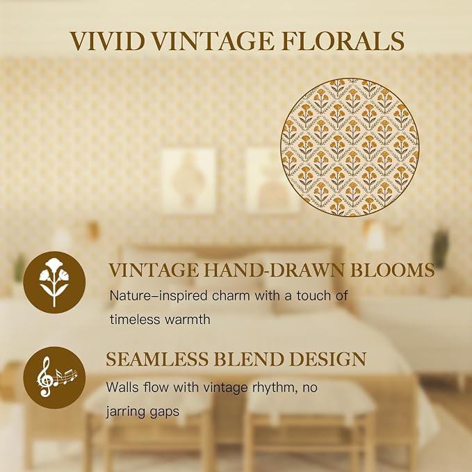 Dimoon 17.3''x197'' Peel and Stick Wallpaper Floral Cute Contact Paper Vintage Village Country Cottage Wallpaper Farmhouse Yellow Beige Renter Friendly Geometry Waterproof Embossed Kitchen Bedroom