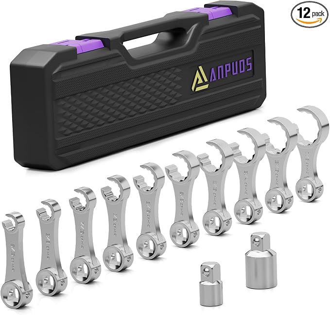 12 Pcs SAE Torque Adapter Set, Side-Open 5/16" to 7/8", 3/8" Drive | Cr-Mo Steel, 12-Point Torque Wrench Extension for HVAC, Automotive, Brake, Fuel Lines & Tight Spaces