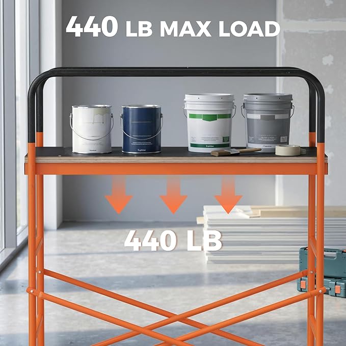 HOMCOM 4-Step Steel 4.6 x 2 x 6 ft. Scaffold 2 Wheels Free Moving for Indoor & Outdoor Decoration Anti-Skid, 440 Pound Capacity, Orange