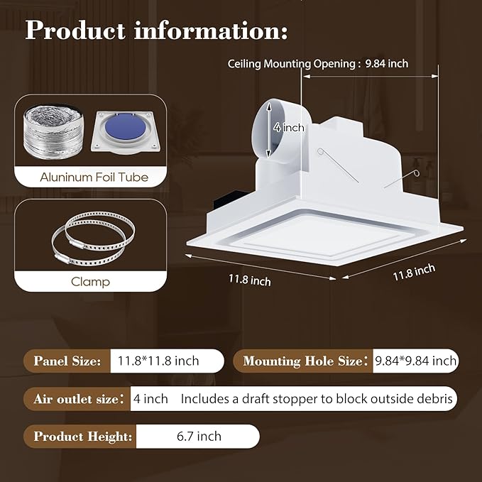 12" Ultra Quiet Bathroom Exhaust Fan with 6500K LED Light, 1.0 Sone 120 CFM, 10x10 Mount, 1500 LM Ceiling Ventilation Fan, Energy Efficient (6500K LED-W)