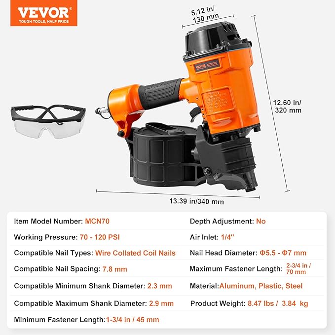 VEVOR Coil Siding Nailer MCN70, 1-3/4" to 2-3/4" 15 Degree Pneumatic Siding Nail Gun, 70-120PSI Air Coil Nailer for Pallet, Crating, Framing, Siding and Fencing