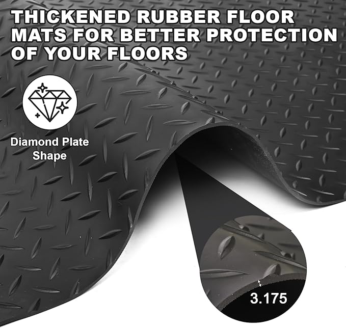 tonchean 16.4 x 3.3 FT Diamond Plate Rubber Flooring Roll, 3.2 mm Thickened Heavy Duty Garage Floor Mat, Non-Slip Rubber Mat for Under Car, Truck, Basement, Workshop
