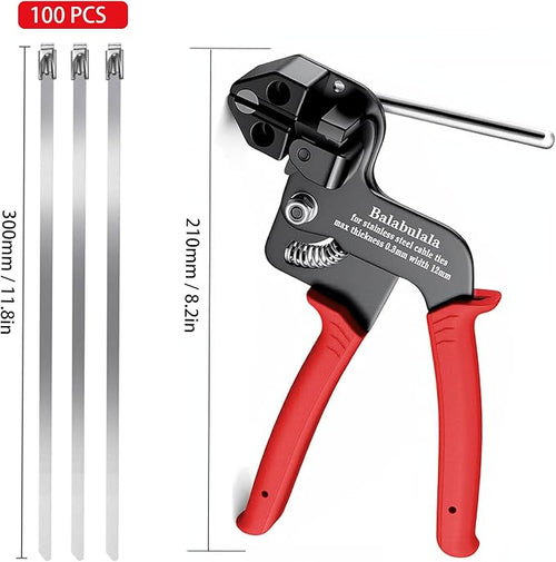 105PCS Heavy Duty 304 Stainless Steel Cable Tie Gun Kit | 100pcs 11.8inch Metal Zip Ties, Self-Locking, UV & Corrosion Resistant, for Fence, Exhaust Wrap, Chicken Coop, Farm Use