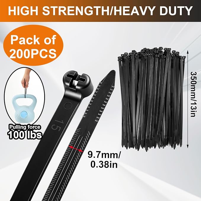 Blulu 200 Pcs 13 Inch Heavy Duty Cable Zip Ties, 9.7mm Extra Wide, 100 Lbs Tensile Strength, Metal Tooth Stainless Steel Locking, Black UV Resistant Wire Wraps for Industrial, Indoor and Outdoor Use