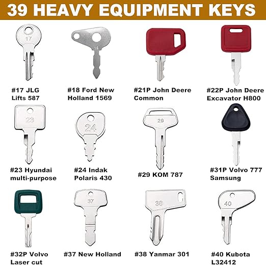 39 Heavy Equipment Keys Master Set, Construction Machine Operator Ignition Key Set for Caterpillar Bobcat JD Case JLG JCB Volvo Hyster Ford New Holland Yanmar Takeuchi Kubota Komatsu Toyota Hitachi