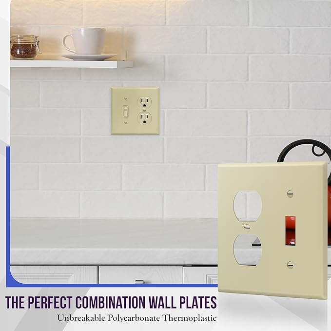 ENERLITES Combination Toggle Light Switch/Duplex Receptacle Outlet Wall Plate Cover, Standard Size 2-Gang 4.50" x 4.57", Polycarbonate Thermoplastic, UL Listed, 881121-I, Ivory