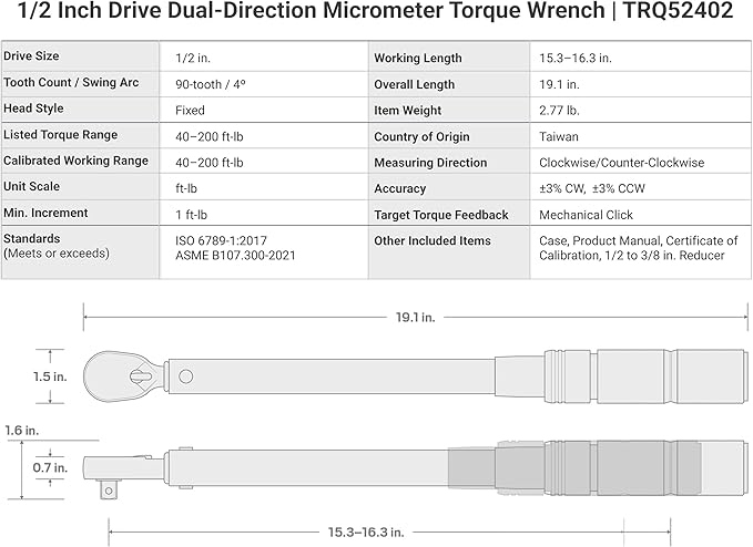 TEKTON 1/2 Inch Drive Micrometer Torque Wrench | TRQ52402
