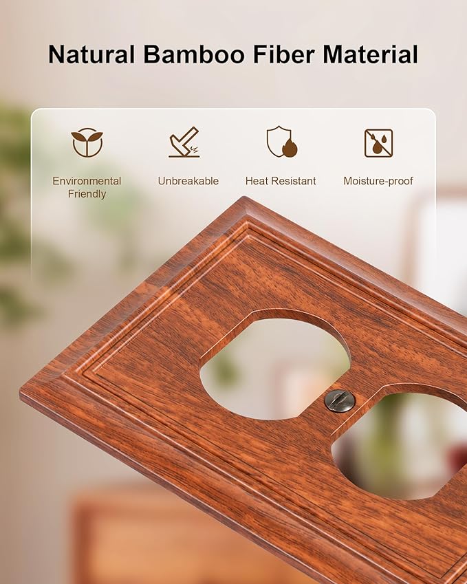 2-Pack Duplex Outlet Cover Plate, Decorative Wood Grain Switch Plates and Outlet Covers, Natural Bamboo Fiber Wall Plates for Electrical Outlets, 1 Gang Receptacle Cover, Corrosion Resistant
