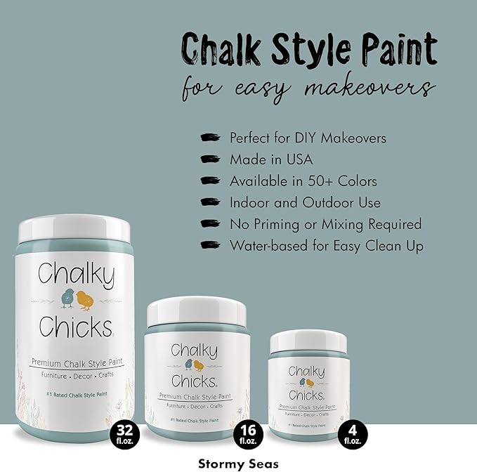 Chalky Chicks 32 Fl Oz Matte Stormy Seas (Light Blue) Chalk Paint for Furniture Without Sanding - No Prep Furniture Paint No Sanding All in One for Crafts, Wood, Walls, Cabinet, Metal, Dresser