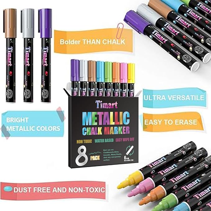 Timart Metallic 8 Pack Liquid Chalk Markers, Bold Wet & Dry Erase Marker Pens for Chalkboards Signs, Blackboards, Windows, Glass- 6mm Reversible Tip