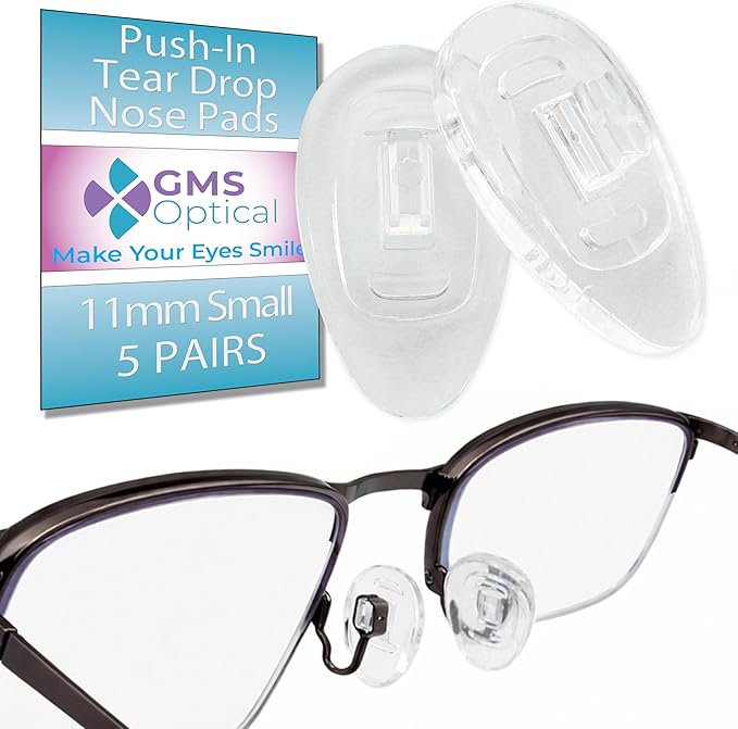 GMS Optical Push in Silicone Nose Pads for Glasses | 11mm Small, 6mm Normal Width | Non Slip Nose Grips, Eyeglass Accessories for Kids & Small Frames, Provides Comfort & Stability (5 Pairs, Clear)