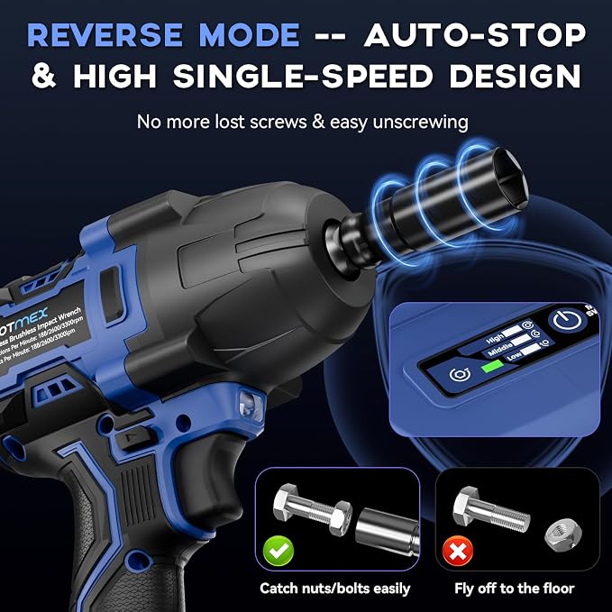 900Ft-lbs (1200N.m) Impact Wrench, 1/2" Cordless Impact Gun, 21V High Torque Brushless Impact Driver, 2x4.0Ah Batteries Electric Impact Motor Variable Speeds for Car/Pickup Truck/Mower, Blue