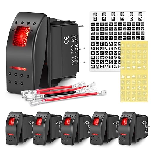 Nilight 6 Pack Rocker Switches with Night Glow Stickers 5 PIN SPST Red Backlit 12V/24V Toggle for Cars Trucks RVs Boats Auto Motorcycles