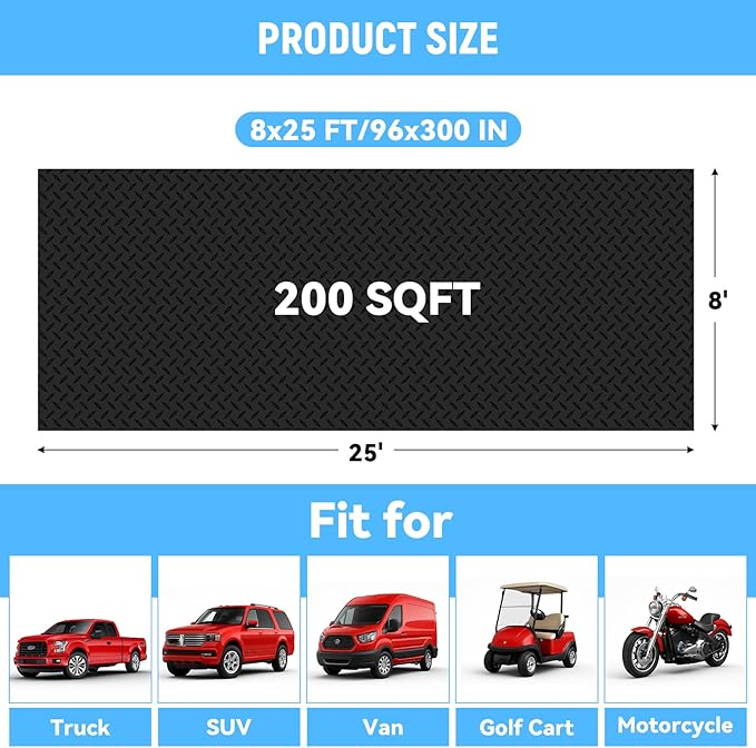 8x25 FT Garage Floor Mat, 2.8mm Thickened PVC Flooring Roll for Under Car, 200 SQFT Diamond Plate Black Garage Mats for Garage, Warehouse, Basement, Gyms, Trailer（Included Tapes）
