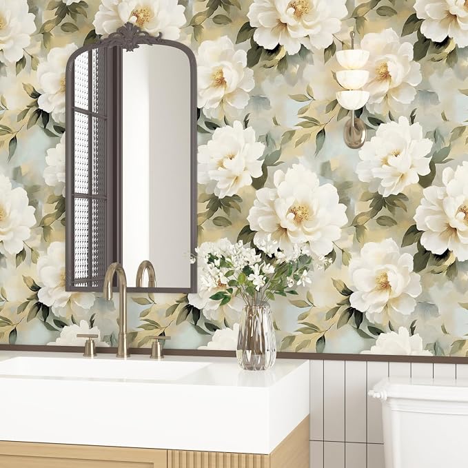 White Floral Wallpaper Peel and Stick,Oil Painting Beige Peony Contact Paper 17.5" x 393",Modern Watercolor Flower Wall Paper Self Adhesive Waterproof Removable for Girl Bedroom Shelve Cabinet Drawer