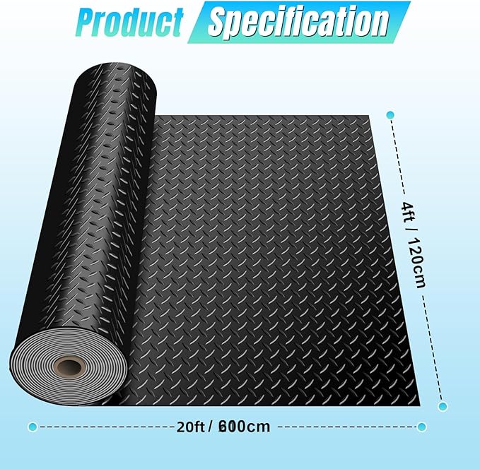 4 x 20 FT Garage Floor Mat, Diamond Plate Rubber Flooring Roll, PVC Garage Flooring Rolls for Under Car, Large SUVs, Pickup Truck, RV, Gym