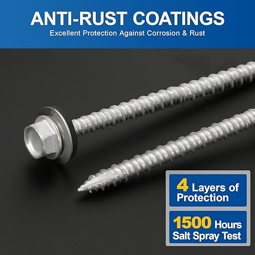 FMhotu Metal Roofing Screws #10×1-1/2Inch, 500-PCS, Hex Head Rustpert Coating Sheet Metal to Wood Siding Screw with EPDM Rubber Washer, Sharp Point, Hex Socket Included