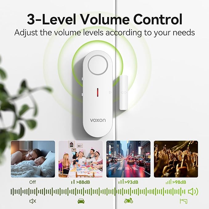 VOXON Door Alarms for Kids Safety - Window Alarms for Personal Home Security - 2 in 1 Chime/Alarm | 3-Level Volume Control - Burglar Door Sensor Alarm for Pool House Rooms Garage RVs - 4 Pack