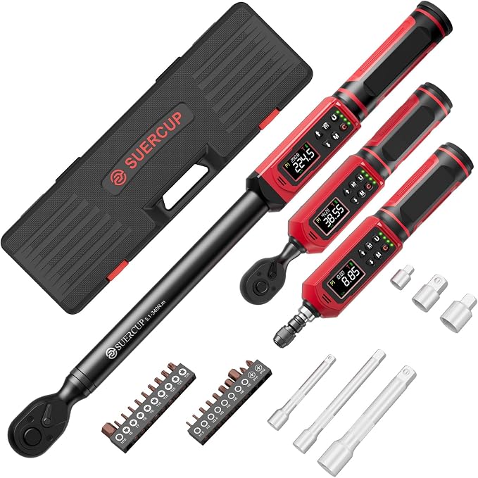 1/4"&3/8"&1/2" Digital Torque Wrench Set, ±1% accuracy | 0.15-10Nm&0.66-44.29Ft.Lb/0.9-60N.m&3.8-250.8Ft.Lb/5.1-340Nm, 9 presets, 5 units, for Truck, Auto, Moto, Bike, Electronics