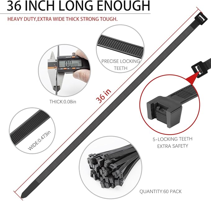 BethTie 36 inch Black Large Zip Ties Heavy Duty 60 PCS, 250 LBS Ultra Strong Plastic Wire Ties, Large Cable Ties Extra Long Tie Wraps, Indoor and Outdoor Use