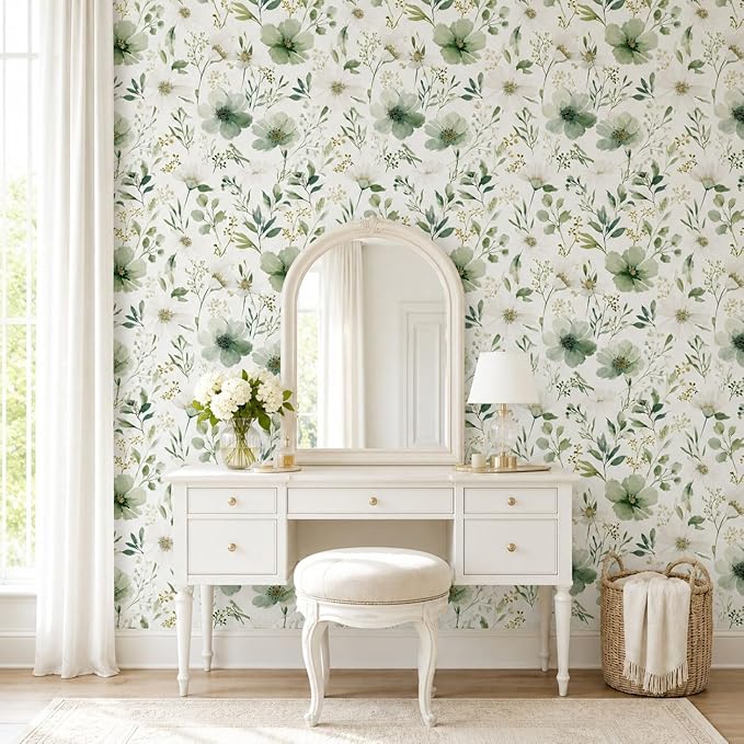 Sage Green Floral Peel and Stick Wallpaper 17.7" x 118" | Thick removable watercolor natural flower design for renters and bedroom accent walls
