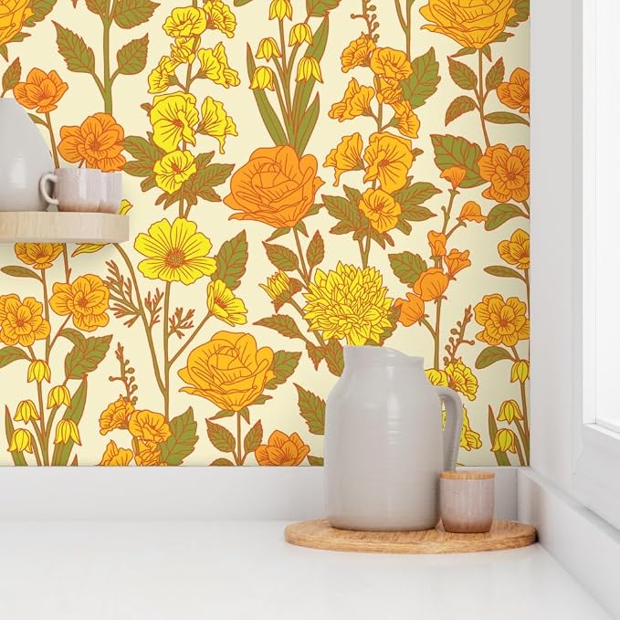 Spoonflower Retro Floral Yellow Peel and Stick Removable Wallpaper | Roll 24" x 144" | Orange Green 1970S Flowers Botanical | Self-adhesive, removable and renter-friendly