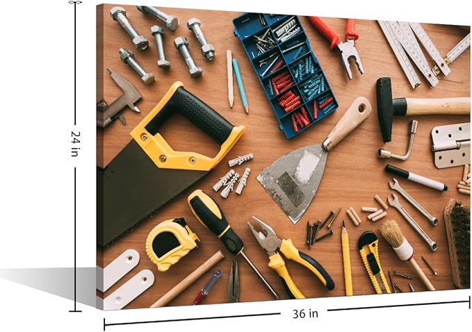 TUMOVO 1 Panels Large Wall Art for Living Room Assorted Woodwork Carpentry or Construction Tools Poster Canvas Supermarket Hotel Tool Room Hardware Store Wall Decor Ready to Hang (24" Wx36 H)