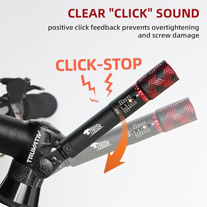 Tigrisk® 1/4 Drive Bike Torque Wrench, Preset Torque 2-14Nm, ±4% Precision | Individually calibrated with unique certificate. 0.1Nm adjustment, click stop, Hex/Torx bits for road, MTB and carbon bikes.