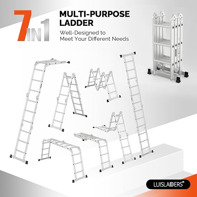 12.5 FT Folding Ladder, LUISLADDERS Multi-Purpose Ladder, Aluminium Extension Ladders 7 in 1 Heavy Duty Combination EN 131 Standard