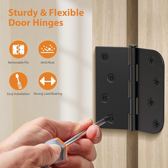 18 Pack Matte Black 4 Inch Door Hinges, Heavy Duty Residential Hinges for Front & Back Doors, Square & 5/8" Radius Corners, Quiet No Squeak, Removable Pin Exterior Hinges