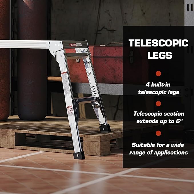 40" Aluminum Folding Work Platform/Step Stool with Telescoping Legs 22" - 27.5" Height Adjustable - 225 lbs, Non-Slip, Portable Ladder Bench for Washing, Painting