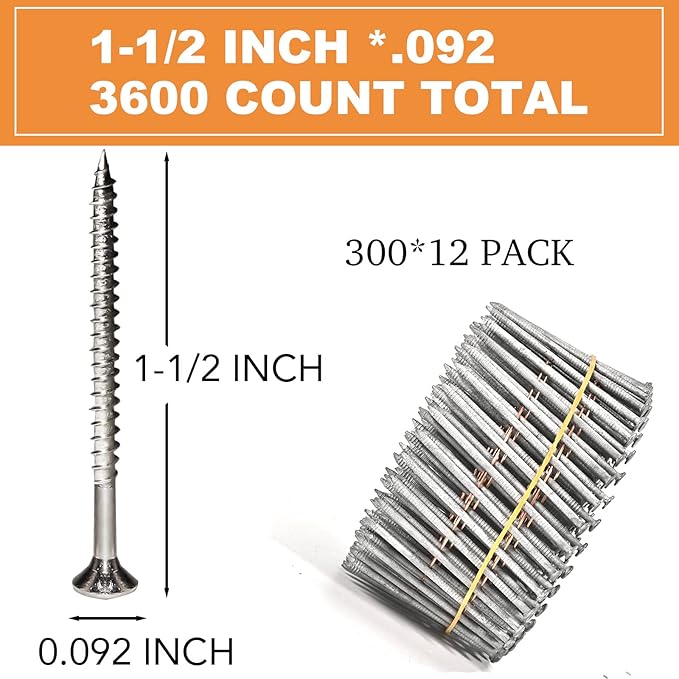 3600 Count Siding Nails, 15-Degree 1-1/2 Inch *.092 Wire Collated Coil Ring Shank Nails, Full Round Head Hot-Dipped Galvanized Siding Nailer