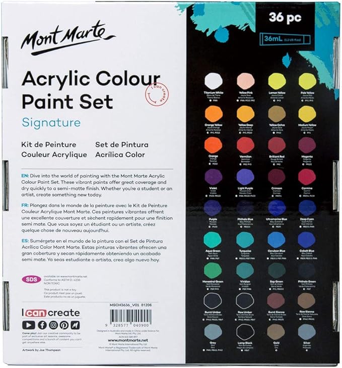 Mont Marte Acrylic Colour Paint Set Signature 36pc x 1.21 US fl.oz (36ml), Acrylic Paint Kit Ideal for Canvas, Wood, Air Dried Clay, Cardboard and More, Great Beginner Acrylic Paint Set, Includes 36 Colors