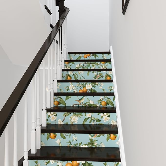 Laatse Blue Floral Wallpaper Peel and Stick, Vintage Bird Fruits Contact Paper 17.5" x 197", Removable Self Adhesive Waterproof Retro Wall Mural for Room Walls Shelves Cabinet Table Decor