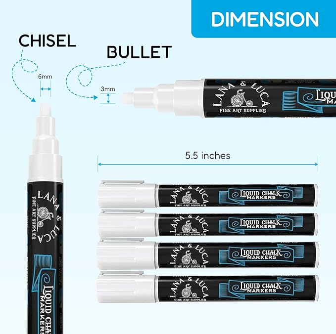 LANA & LUCA Liquid Chalk Marker Pen - White Dry Erase Marker - Chalkboard Markers for Signs, Windows, Blackboard, Glass - Reversible Tip (6mm, 20 Pack)