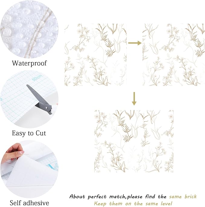 Timeet Botanical Floral Peel and Stick Wallpaper Beige Wildflower Self Adhesive Wall Paper Removable Plant Vine Wallpaper Contact Paper for Living Room Bedroom Accent Decor 17.7" x 197"