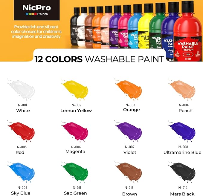 Nicpro 12 Colors Large Washable Paint Set for Kid (16.9oz), Acrylic Bulk Paint Supplies Non Toxic Tempera Paint for Art, Craft DIY, Poster & Finger Paint, School, Home, Teacher Classroom Must Haves