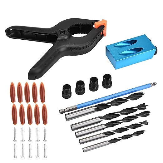 34Pcs Wood Woodwork Guides Joint Angle Tool Carpentry Locator,Pocket Hole Jig 15° Woodworking Inclined Hole Fixture 6/7/8/9/10mm Drill Bits Dowel Screw Drill Jig Joinery Kit Carpenters