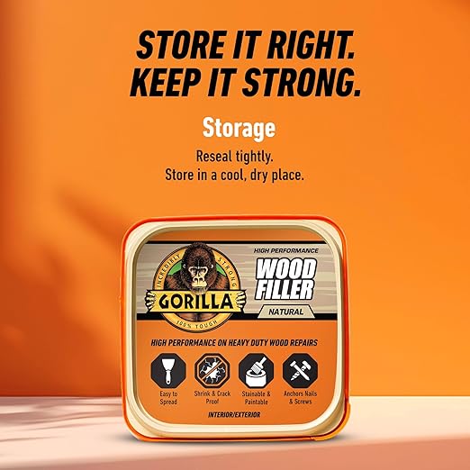 Gorilla All Purpose Wood Filler, Natural Finish, 16 Ounce Tub (Pack of 1) - Water Resistant for Indoor or Outdoor Projects and Repairs