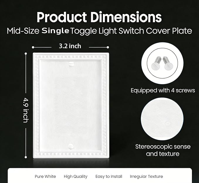 ZEFTV 20 Pack Mid-Size Blank Wall Plates 1-Gang blank Switch Outlet Electrical Cover Plate Unbreakable Thermoplastic Faceplate for Light Receptacle Outlet Switch, Classic Beaded Relief Design, White