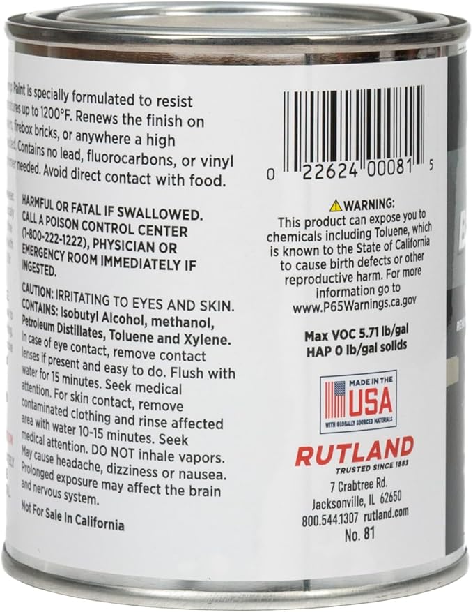 Rutland Products, Black Rutland 1200-Degree F Brush-On Flat Stove Paint, 16 Fluid Ounce, Fl Oz (Pack of 1)