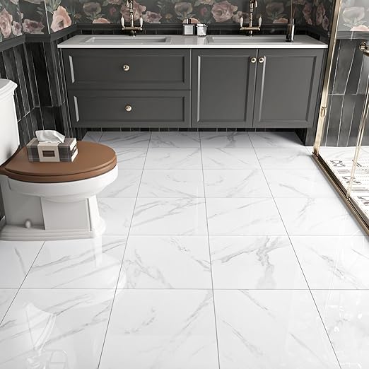 WESTICK White Marble Peel and Stick Floor Tile Bathroom Waterproof Marble Flooring Tiles Self Adhesive Sticky Tiles for Floor Bedroom Kitchen Camper Laundry Peel and Stick Tile Flooring 20 PCS 12"x12"
