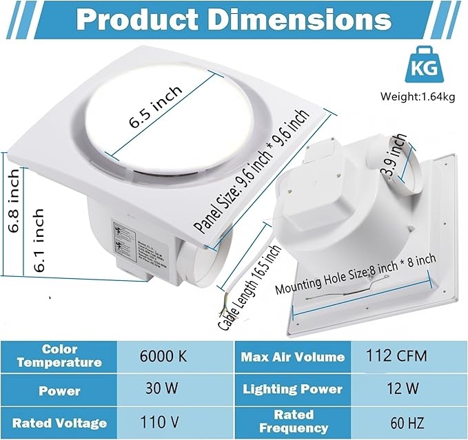 Nalle Ventilation Fans Bathroom Exhaust Fan with Light 9.6 inch Panel 6000K 12W Round LED 112 CFM 1.0 Sones 4 Inch Duct,110V Ceiling Mount Exhaust Fan for Shower,Bathroom,Office,Home(YFL-200)