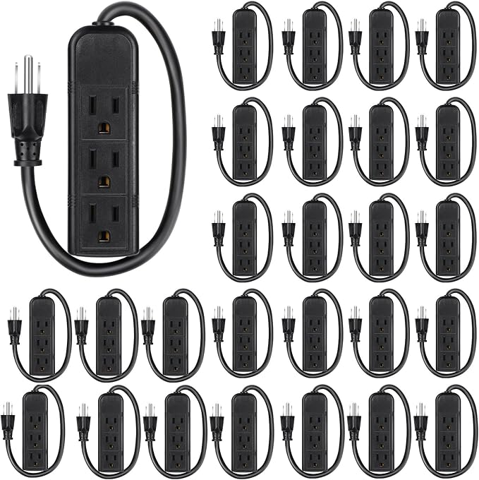 Copkim 36 Pack 3 Outlet Power Strip Extension Cord with Flat Plug Mini Cord 3 Ground Heavy Duty Mountable Outlets Strip for Computer Phone Home Office (1 ft,Black)