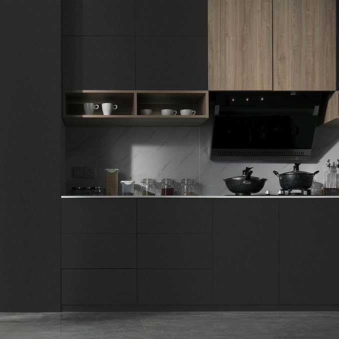 Black Wallpaper Peel and Stick with Tools, Matte Black Contact Paper | Self-Adhesive and Removable 17.7'' x 590.5'', Thickened Wall Paper for Cabinets, Drawers and Countertop